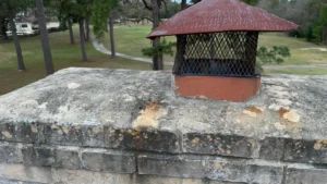 Dirty chimney crown with stains and buildup before cleaning by Air i Am Duct & Chimney Services Houston