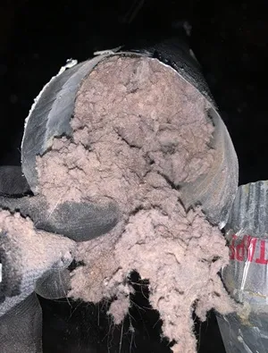 Heavy lint buildup blocking a dryer vent before cleaning